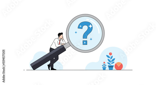 Man holding magnifying glass examining a question mark indicating search for answers or solutions to problems