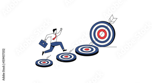 Businessman climbing steps on targets to reach a business goal with upward arrow indicating success