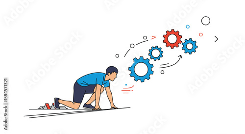 Athlete on starting block ready to race with mechanical gears symbolizing progress and development