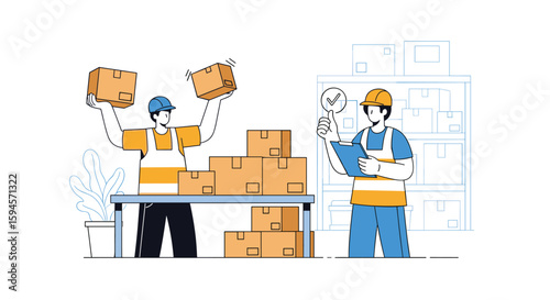 Warehouse workers expertly organizing and counting inventory packages efficiently and safely within a logistics facility