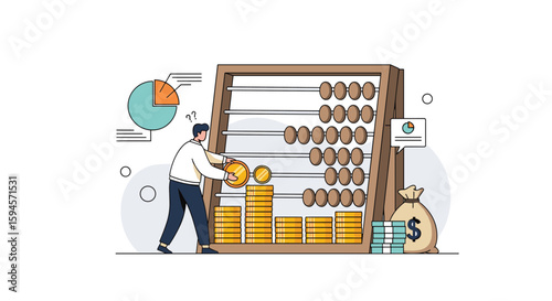 Financial calculation concept using abacus and stacked coins illustrating economic growth and investment strategy