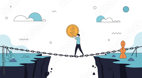 Person balancing a large coin while walking a tightrope between two cliffs with a pawn on the other side representing financial risk and opportunity