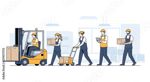 Warehouse workers efficiently moving and organizing cargo using forklifts and hand trucks for smooth logistics operations