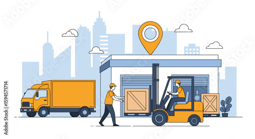 Warehouse operations involving truck delivery forklift loading and workers managing cargo for efficient supply chain logistics and distribution networks