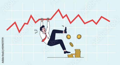 Business professional struggling financially hanging precariously from a declining market graph with coins falling around him illustrating economic hardship