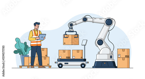 Modern warehouse automation with robotic arm and autonomous mobile robot for efficient logistics and supply chain management