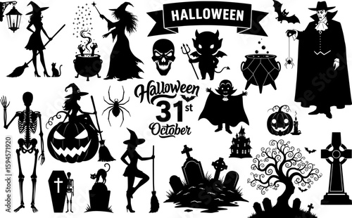 A comprehensive halloween collection featuring witches pumpkins skeleton vampire graves and the date 31 october spooky creatures design elements