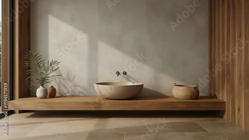 Wallpaper Mural Modern Minimalist Bathroom with Beige Walls and Wooden Accents Torontodigital.ca