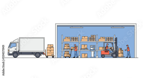 Warehouse workers are actively engaged in moving packages and loading them onto a delivery truck using forklifts and manual labor in a bright and organized storage facility