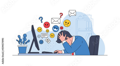 Overwhelmed businessman experiencing stress and anxiety while working on computer amidst digital distractions and negative emotions
