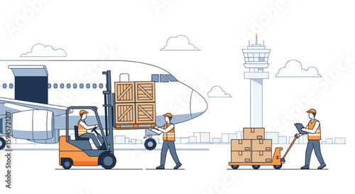 Aircraft cargo loading and unloading operations at the airport tarmac with forklifts and ground crew workers handling packages