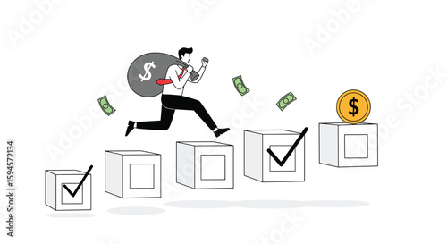 Successful businessman running up stairs with bag of money towards financial goal a winning achievement