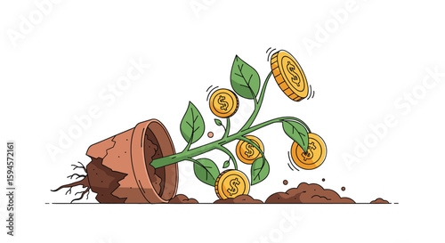 The financial bloom fails overturning the garden pot with money growing on the plant