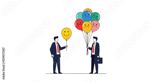 Businessmen exchanging happy and sad balloons representing emotional sharing and empathy in the workplace