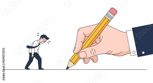 Giant hand uses massive pencil to draw a hurting person on a thin line