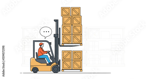 Warehouse worker operating a forklift truck lifting stacked boxes for efficient inventory management and storage solutions