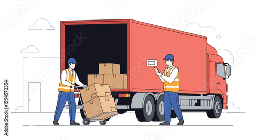 Logistics workers loading boxes into a large red truck for delivery and transport services