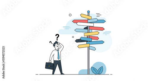 Man stands at a crossroads with many directions on a signpost feeling confused and uncertain about the right way forward