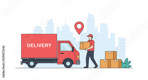 Efficient city logistics and parcel delivery service with a dedicated courier carrying a package to a red truck