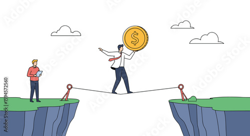 A businessman balances carefully on a tightrope carrying a gold coin across a deep chasm