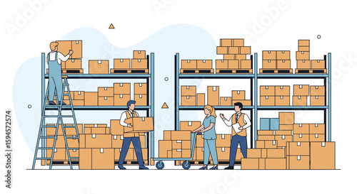 Workers organizing stored boxes on tall shelves in a busy warehouse logistics operations
