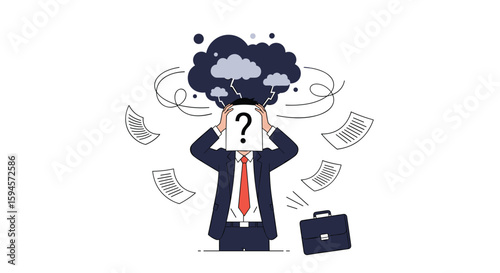 Business professional overwhelmed by stressful workload and piles of documents causing confusion