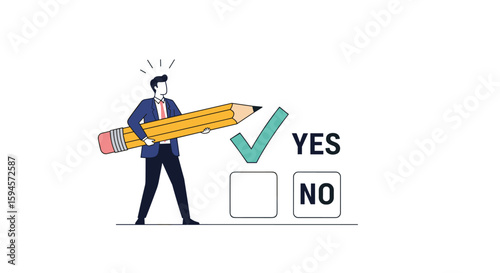Business professional holding giant pencil making a decision on survey questionnaire for choice between yes or no options