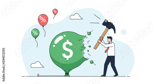 Man using hammer to burst a balloon with dollar sign illustrating financial ruin or economic downturn