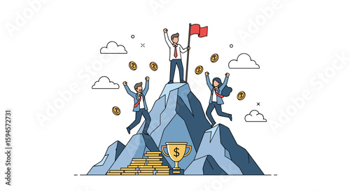 Teamwork and success celebrate achievements reaching the summit together with joyful exclamations and a prize