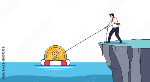 Financial crisis averting strategy using a lifesaver to secure a floating coin on water