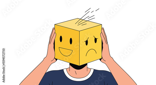 Person holding a yellow cube with mixed emotions showing a happy and sad face
