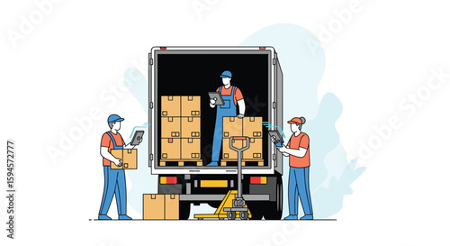 Professional movers loading and unloading boxes from a large delivery truck with hand pallet jacks and scanning devices for efficient logistics and warehousing