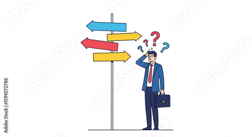 Confused businessman facing multiple directional signs and asking many questions about which way to go and making a choice