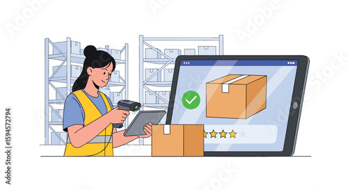 Warehouse worker scanning package for inventory management and order fulfillment using a digital tablet and scanner system