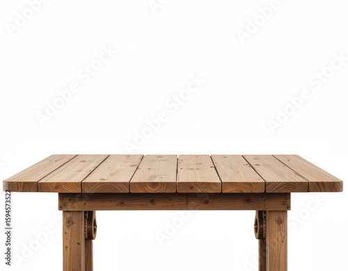 Wooden Table: A detailed shot of a rustic wooden table, its natural wood grain exposed, set against a bright backdrop, evoking a sense of simplicity and functional elegance.