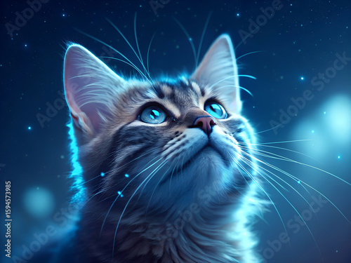 Majestic cat with bright blue eyes gazing upwards in a dreamy glow