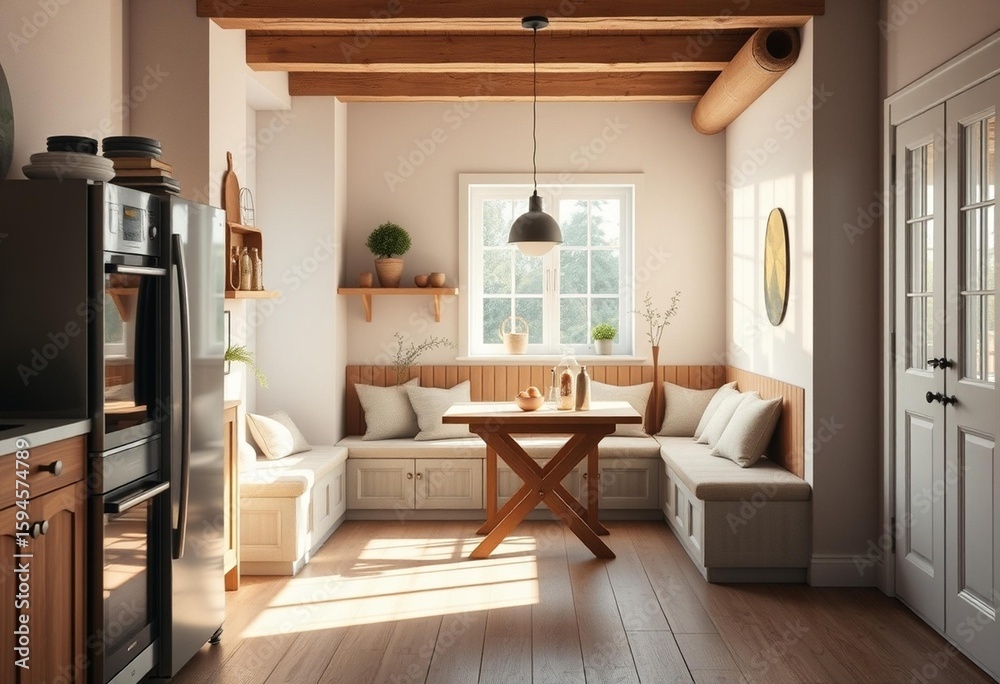 Fototapeta premium Sun-drenched Scandinavian kitchen with cozy breakfast nook