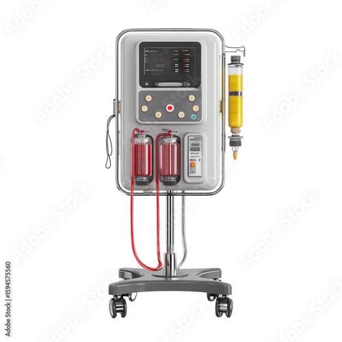 Medical dialysis machine, gray and white, with attached fluid containers and tubing