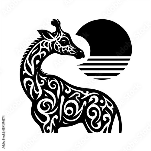 Ornate giraffe silhouette with sun