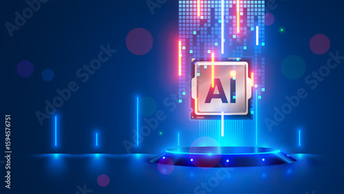 AI chip hover above the podium in cyberspace. Processor with AI letters for artificial intelligence on a presentation stand surrounded by electronic clusters of signals in the beams of searchlights.