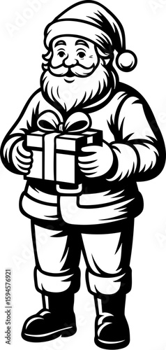 Black and white vector illustration of Santa Claus standing and holding a wrapped gift box with ribbon, festive Christmas silhouette for holiday cards, stickers, packaging, and seasonal craft design
