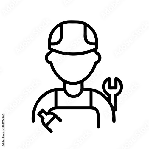 Handyman with tools, an outline icon on white background. This handyman with tools icon illustrates skilled labor and craftmanship. Showcasing handyman with tools for service company logos.