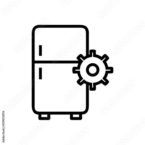 Refrigerator with a gear shown in linear style, outlines represent modern technology. Refrigerator with a gear for mechanics symbolizes optimization and engineering.