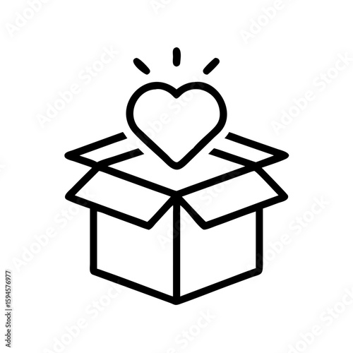 Package with a heart illustration for expressing love and affection, depicting open cardboard box with glowing heart symbol on top. Package with a heart is ideal for gift-giving promotions, charity.