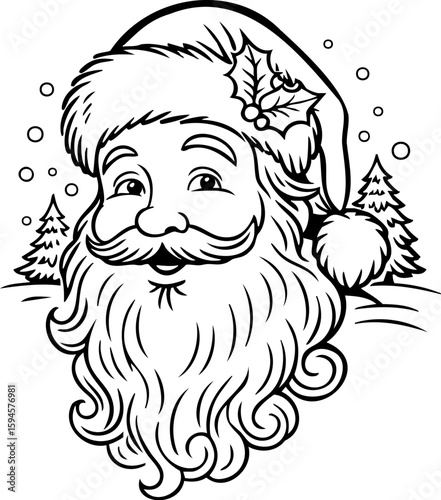 Monochrome vector of Santa Claus head with fluffy beard and pom-pom hat, traditional Christmas line art illustration for holiday prints, vintage labels, and festive craft projects