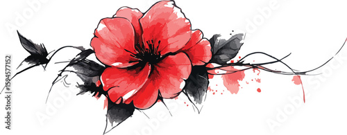 Watercolor Red Flower with Black Leaves and Stems on White Background