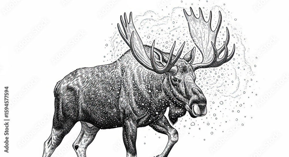 Obraz premium Detailed Etching of a Moose Dispelling Snow from its Large Antlers