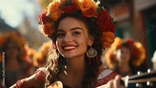 Happy woman Mariachi musician playing guitar at Cinco de Mayo festival.Cinco De Mayo - Mexico's national holiday
