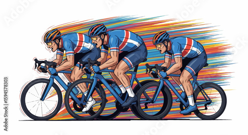 Professional cycling team sprinting together at high speed.