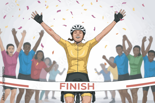 A cyclist crossing the finish line in victory, with teammates cheering.